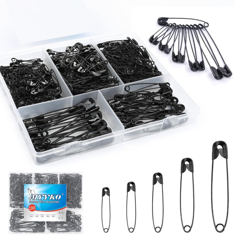 MYYKO 320Pcs Black Safety Pins Assorted,5 Different Sizes Large and Small Safety Pins for Clothes,Pins for Art,Crafts, Sewing and Jewelry Making - Image 1